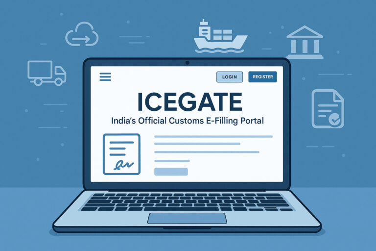 ICEGATE – India’s Official Customs E-Filing Portal displayed on a laptop screen, representing online customs registration(ICEGATE registration) and export documentation.