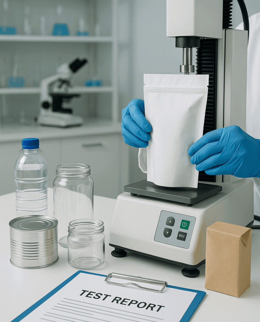 Food packaging material testing in laboratory – scientist testing pouch packaging with machine for safety, durability, and compliance with food safety regulations.