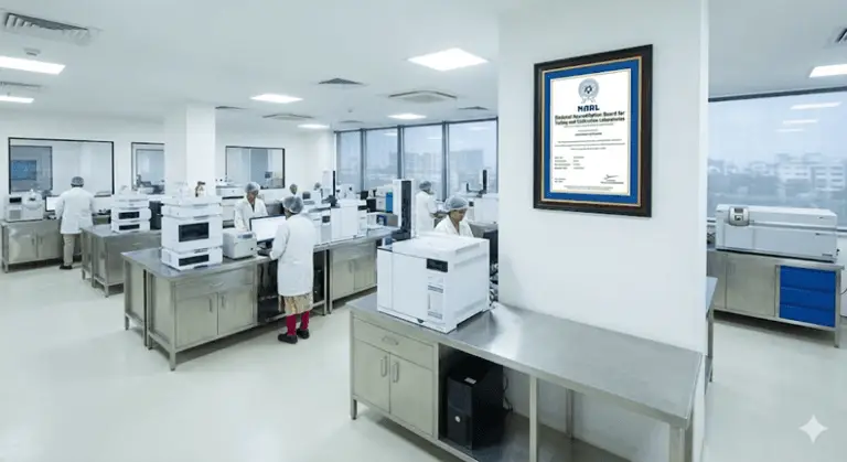 NABL accredited food testing laboratory in India conducting nutritional testing and food analysis for FSSAI compliance, featuring advanced lab instruments, trained food scientists, and official NABL certification for nutrition labeling, food safety testing, and regulatory compliance.