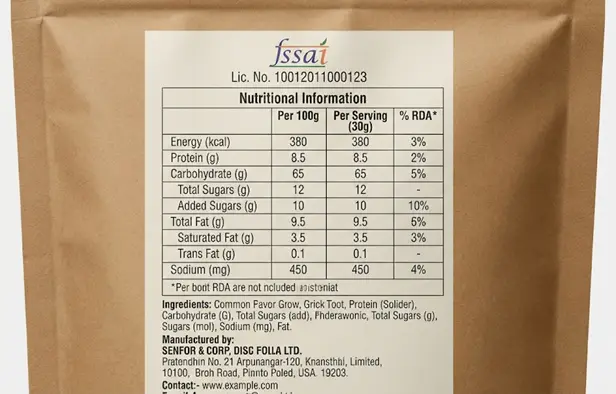 FSSAI compliant nutritional information label on packaged food showing calories, protein, carbohydrates, total sugars, added sugar, fat, sodium and %RDA, created using lab-tested nutritional analysis and NABL accredited food testing services in India.