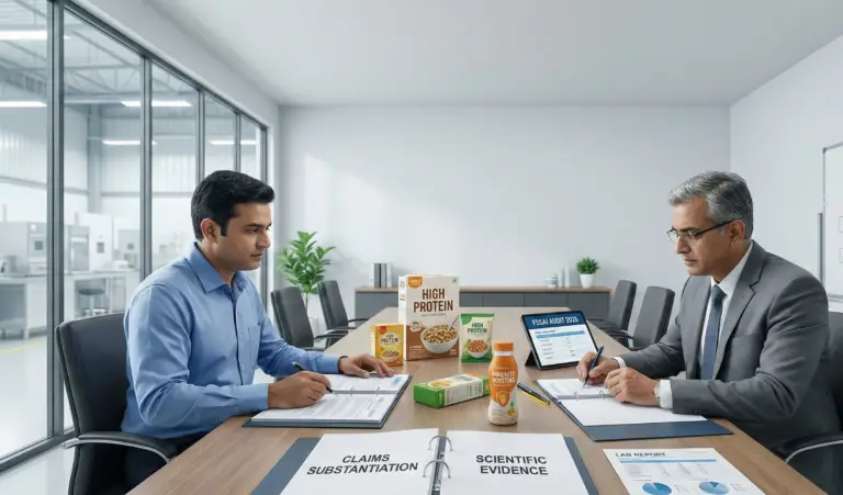 Third party food audit process in India showing FSSAI compliance verification, label claim substantiation, scientific evidence review, and high protein food product inspection by auditors