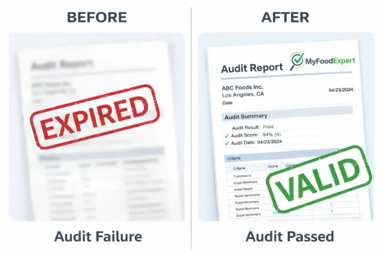 Audit failure vs audit passed comparison illustrating expired FSSAI audit report and valid MyFoodExpert compliance report for FDA inspection, NABL audit and food business approval.