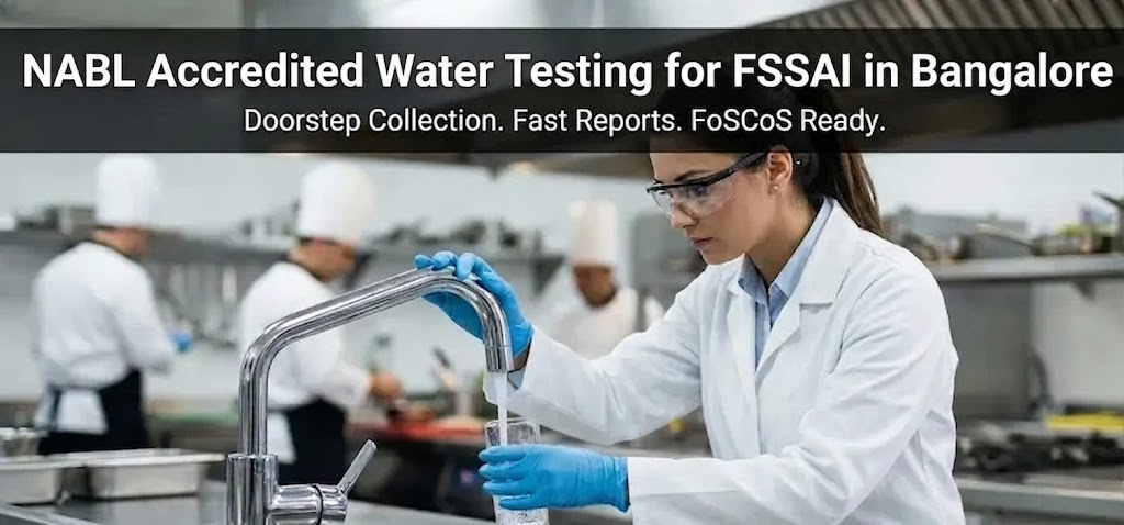NABL accredited FSSAI water testing in Bangalore with lab technician collecting water sample for IS 10500 compliance and FoSCoS report