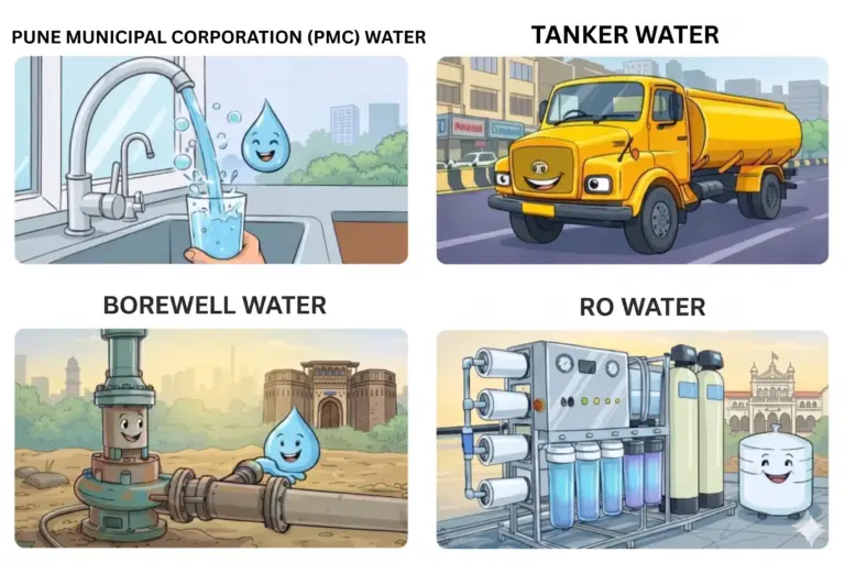 Detailed cartoon infographic from an NABL accredited water testing lab in Pune, visually guiding residential and commercial clients on identifying their specific analysis needs across four common water sources in the city. The four-panel guide illustrates: 1) Pune Municipal Corporation (PMC) municipal tap water quality check; 2) private tanker water testing services for contamination; 3) borewell and groundwater source validation analysis; and 4) reverse osmosis (RO) system output and filtration efficiency testing. This strategic visual overview helps housing societies, restaurants, cloud kitchens, industrial manufacturing plants, and all Food Business Operators (FBOs) across Pune, including areas like Hinjewadi, Baner, Kharadi, Hadapsar, and PCMC, select the correct IS 10500 and FSSAI water testing parameters for safety and audit compliance. Contact us for doorstep water sample collection and fast, NABL certified reports from our trusted water analysis laboratory.
