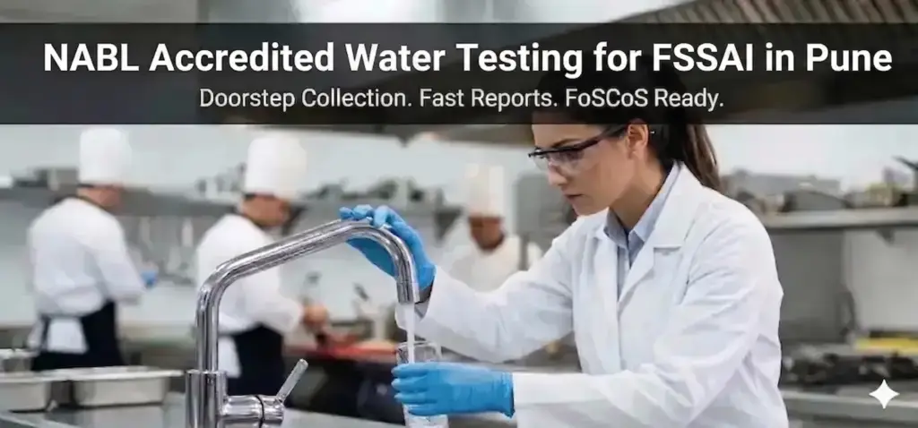 Technician collecting a tap water sample in a commercial kitchen for an FSSAI approved and NABL accredited water testing lab in Pune.