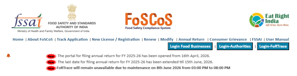 FoSCoS portal notification showing FSSAI Annual Return FY 2025-26 filing deadline extended to 15 June 2026 for Central FSSAI License holders, official FSSAI annual return extension announcement on Food Safety Compliance System portal